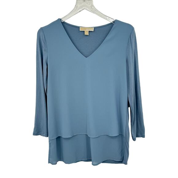 Michael Kors blouse V neck knit chiffon overlay layered blue size XS - Picture 1 of 6